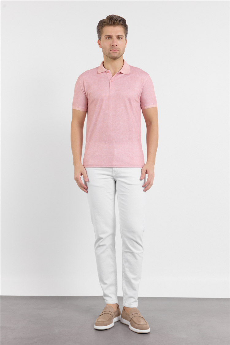 Pembe Kısa Kol Baskılı Pike Polo Yaka Cepsiz esnek Casual Slim Fit Tişört 1011250153