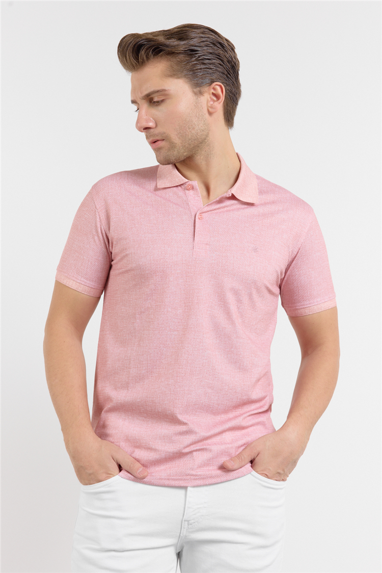 Pembe Kısa Kol Baskılı Pike Polo Yaka Cepsiz esnek Casual Slim Fit Tişört 1011250153
