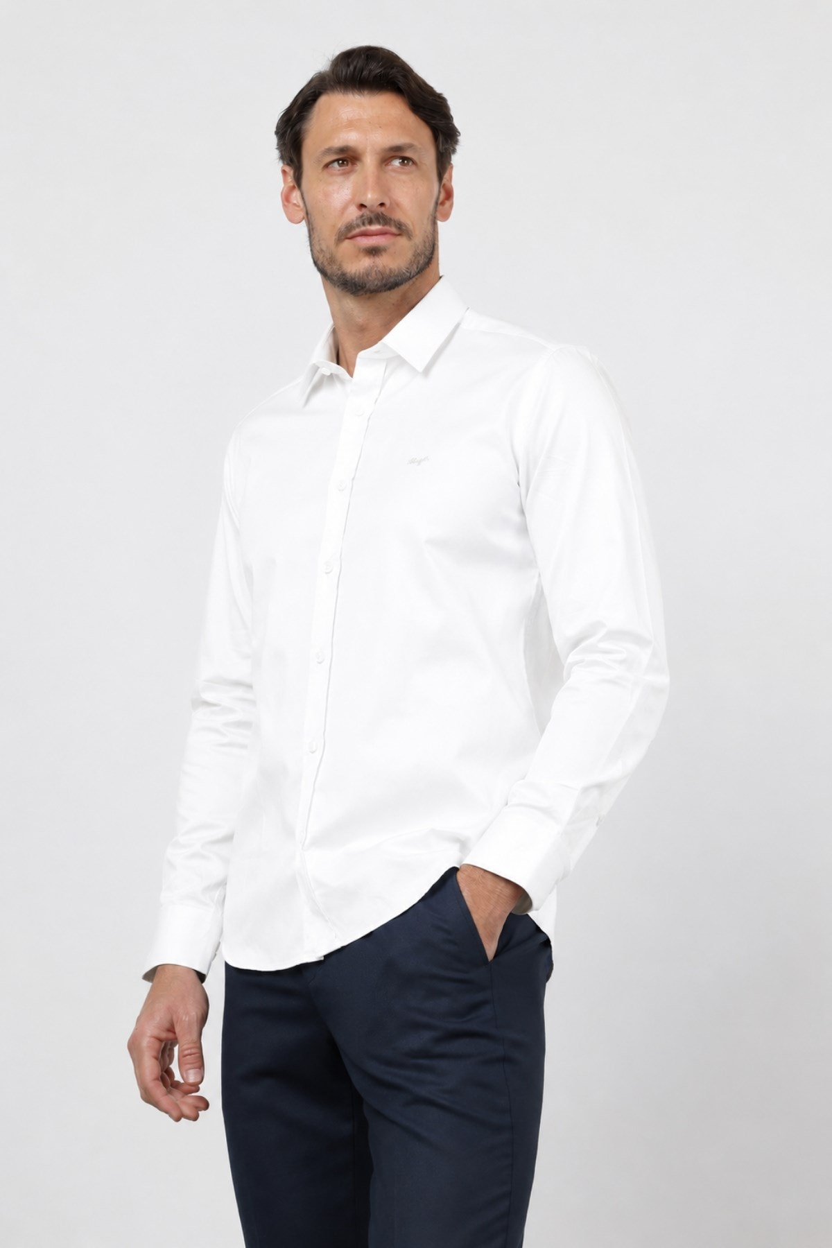 Beyaz Sert Yaka Uzun Kol Cepsiz Saten Slim Fit %100 Pamuk Gömlek 1004260424