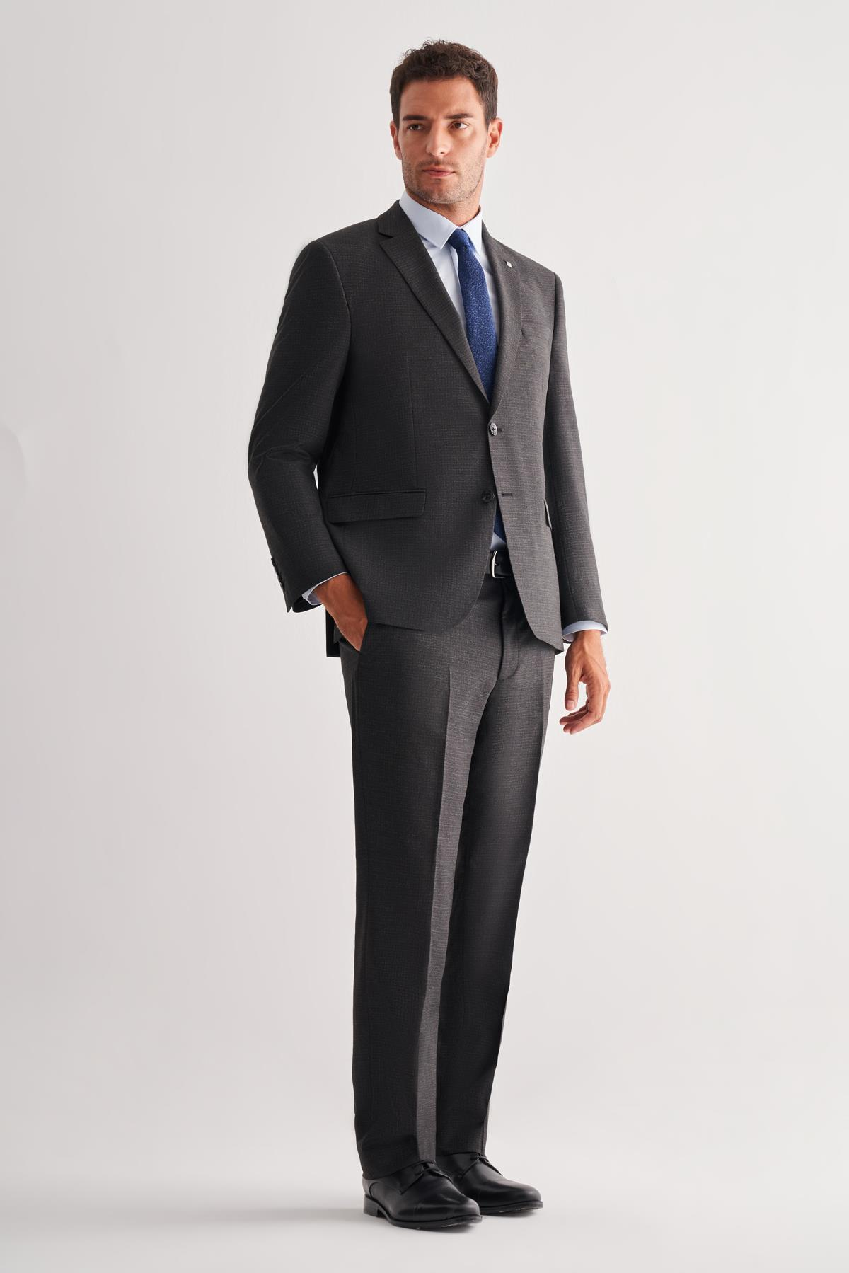 Siyah Mono Yaka Çizgili 4 Drop Comfort Fit Tam Astar Esnek Takım Elbise 1001255121