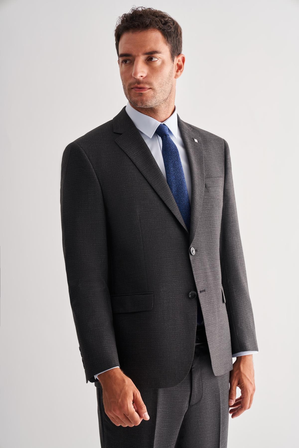 Siyah Mono Yaka Çizgili 4 Drop Comfort Fit Tam Astar Esnek Takım Elbise 1001255121