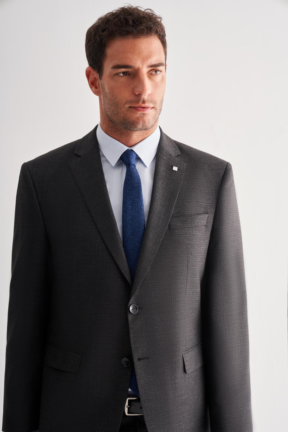 Siyah Mono Yaka Çizgili 4 Drop Comfort Fit Tam Astar Esnek Takım Elbise 1001255121