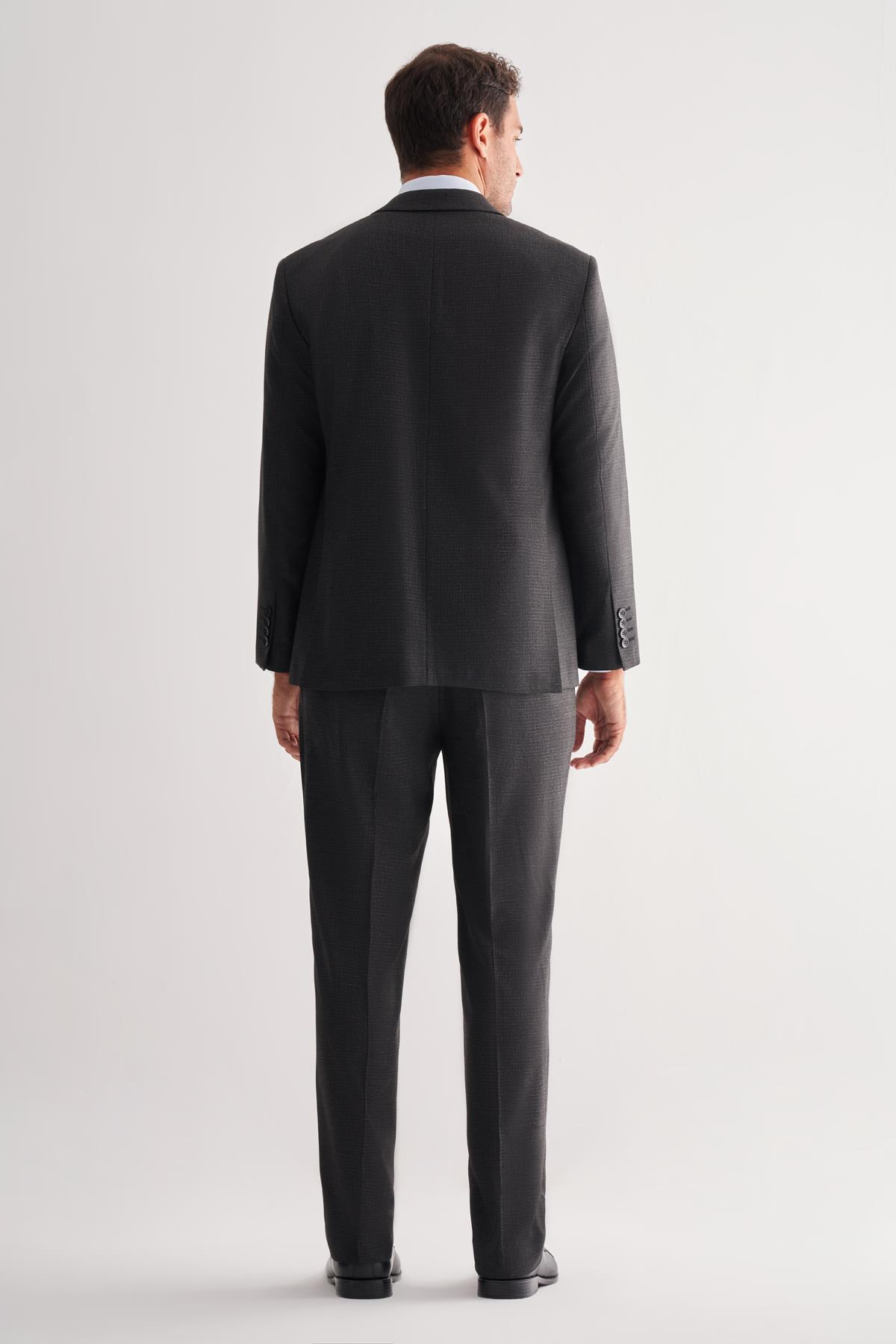 Siyah Mono Yaka Çizgili 4 Drop Comfort Fit Tam Astar Esnek Takım Elbise 1001255121