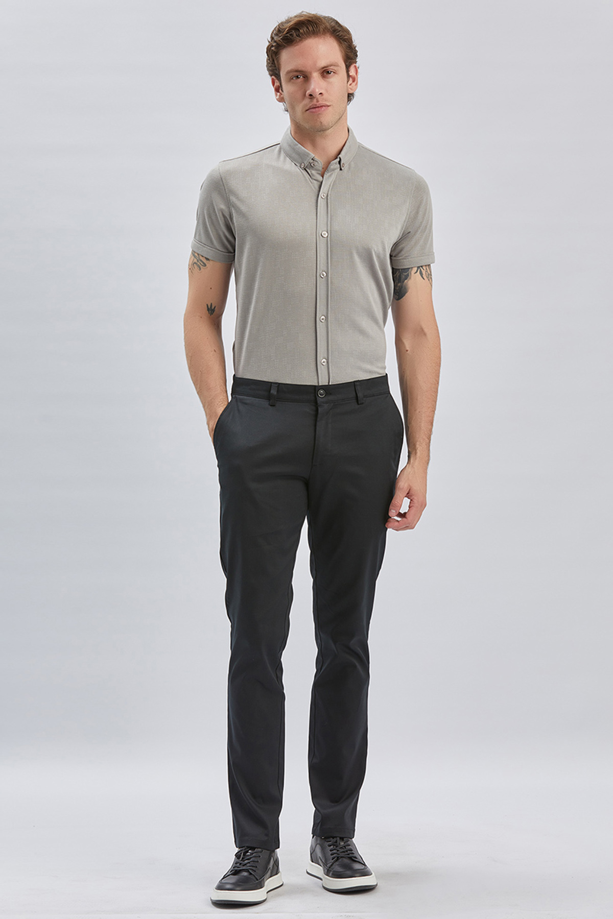 Siyah Armürlü Pamuklu Likralı Yan Cepli Slim Fit Dar Kesim Casual Pantolon 1003240161