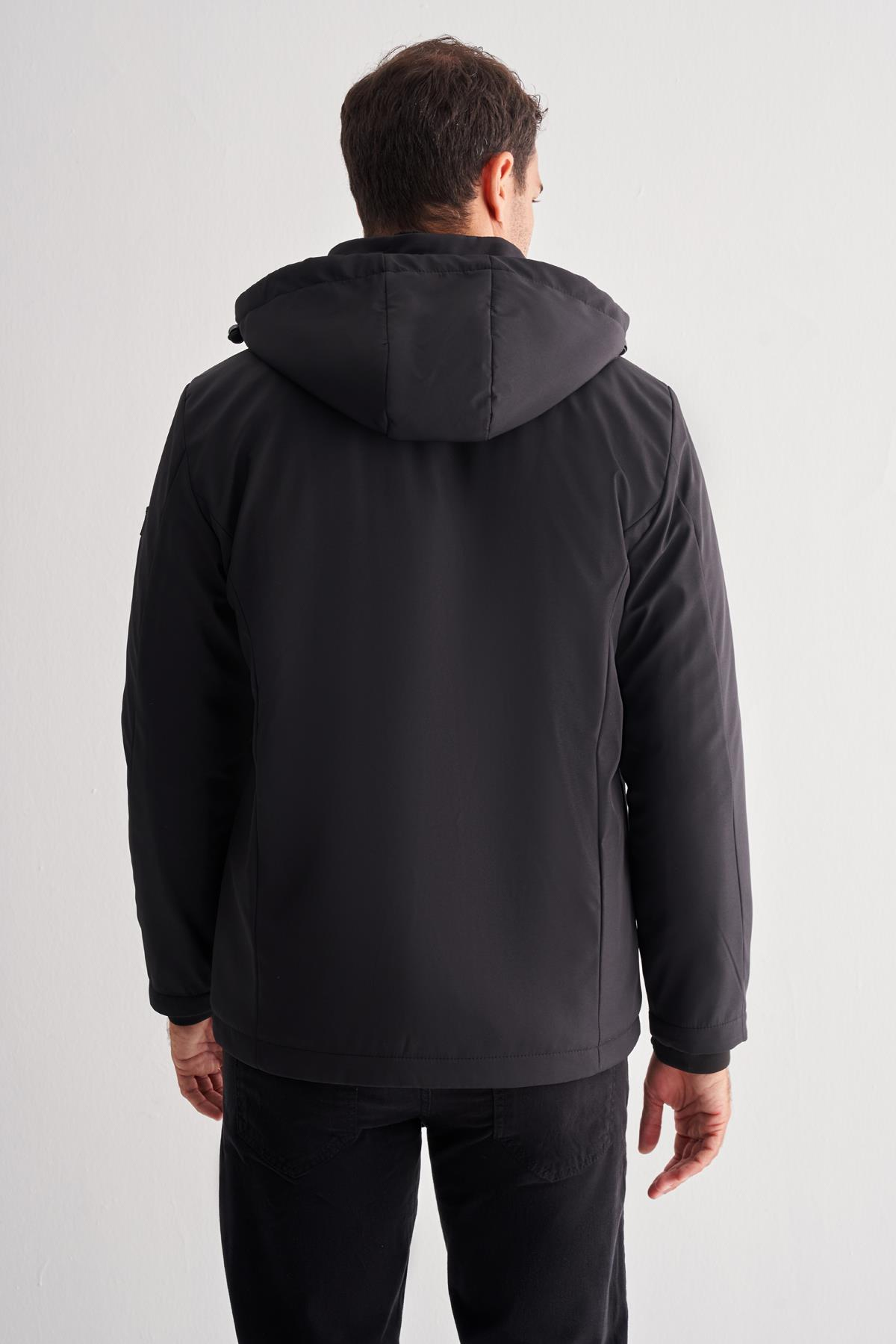 Siyah Dik Yaka Çıkma Kapşonlu Slim Fit Casual Mont 1007255133