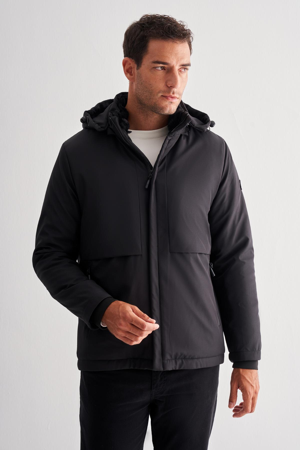 Siyah Dik Yaka Çıkma Kapşonlu Slim Fit Casual Mont 1007255133