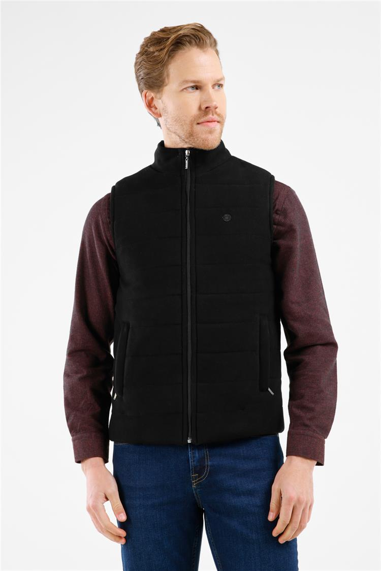 Siyah Dik Yaka Fermuarlı Casual Slim Fit Kapitone Yelek 1009255103