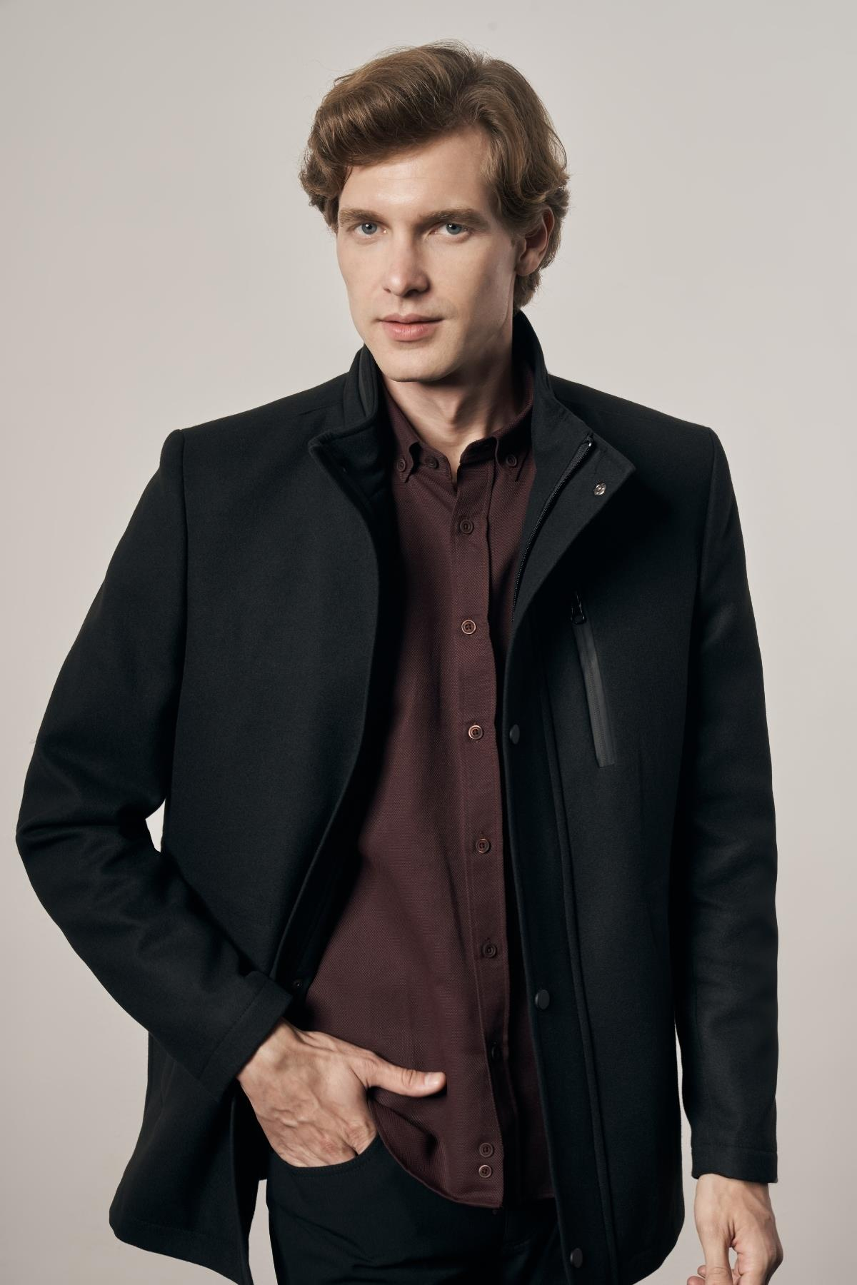Siyah Dik Yaka Tam Astar Classic Slim Fit Esnek Kaşe Kaban 1008255150