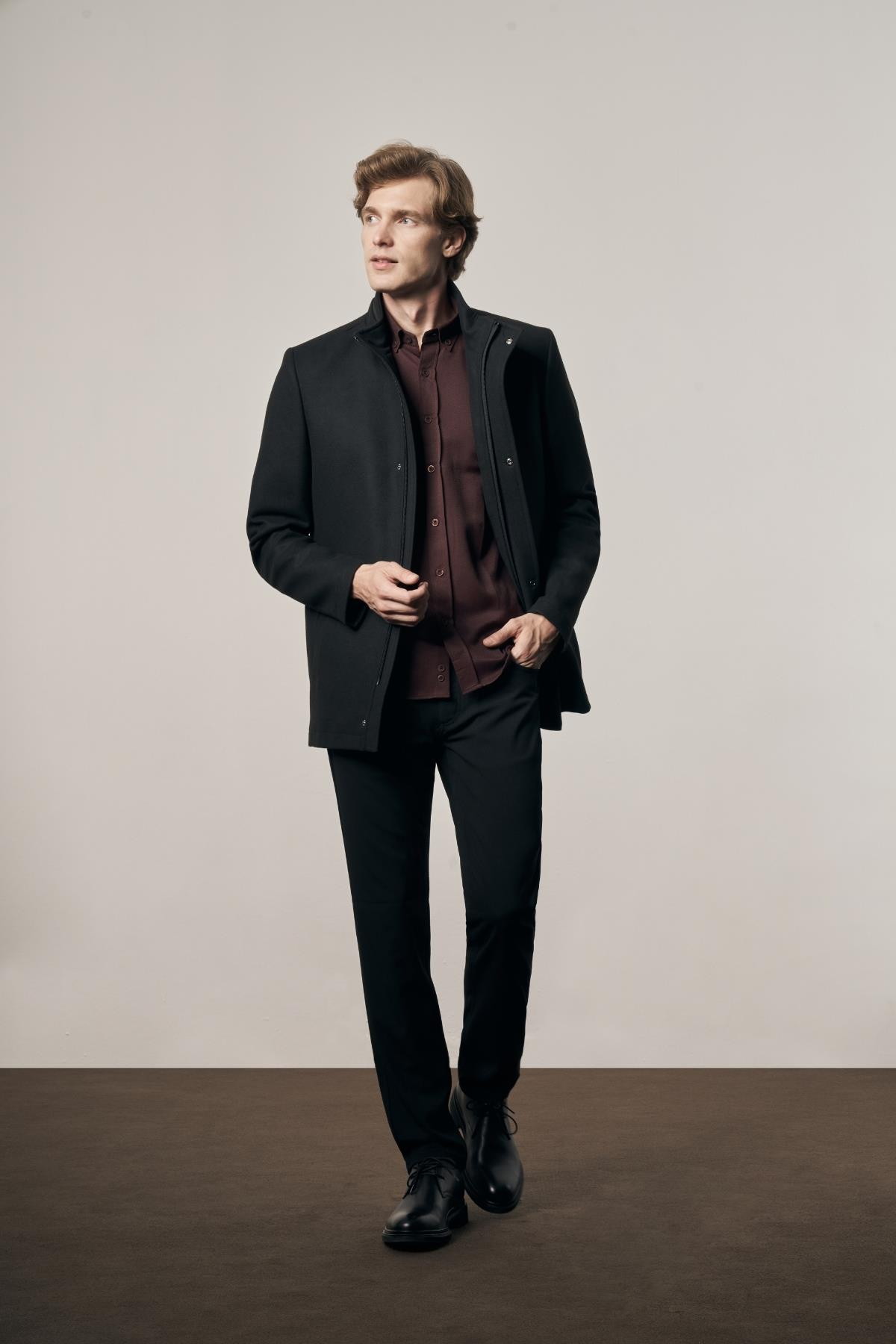 Siyah Dik Yaka Tam Astar Classic Slim Fit Esnek Kaşe Kaban 1008255150