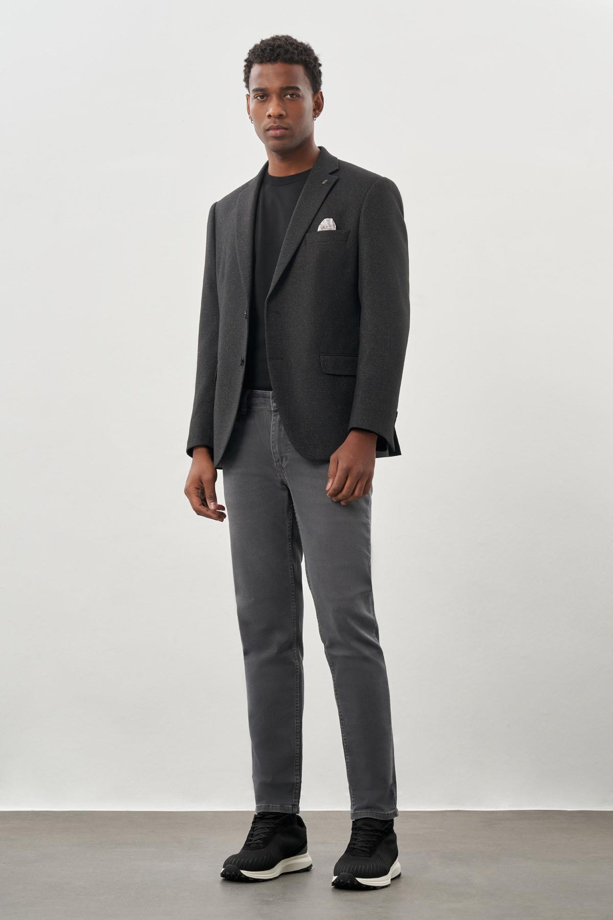 Siyah Düz Gabardin Mono Yaka 2 Düğme Esnek 6 Drop Comfort Fit Casual Ceket 1002245165