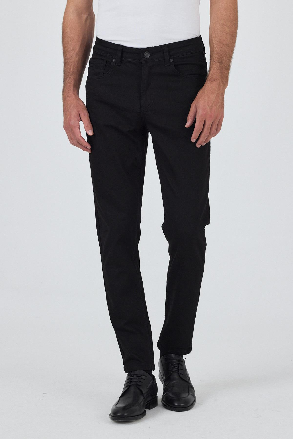 Siyah Gabardin 5 Cep Düz Paça Casual Slim Fit Pamuklu Denim Pantolon