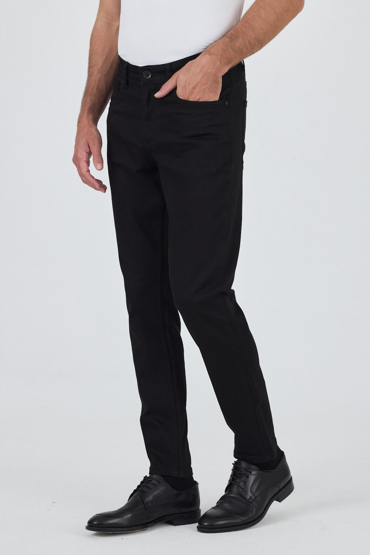 Siyah Gabardin 5 Cep Düz Paça Casual Slim Fit Pamuklu Denim Pantolon