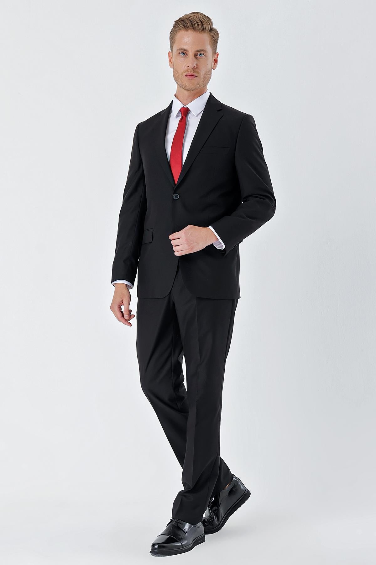 Siyah Mono Yaka 8 Drop Slim Fit Tam Astar Esnek Takım Elbise 1001240006
