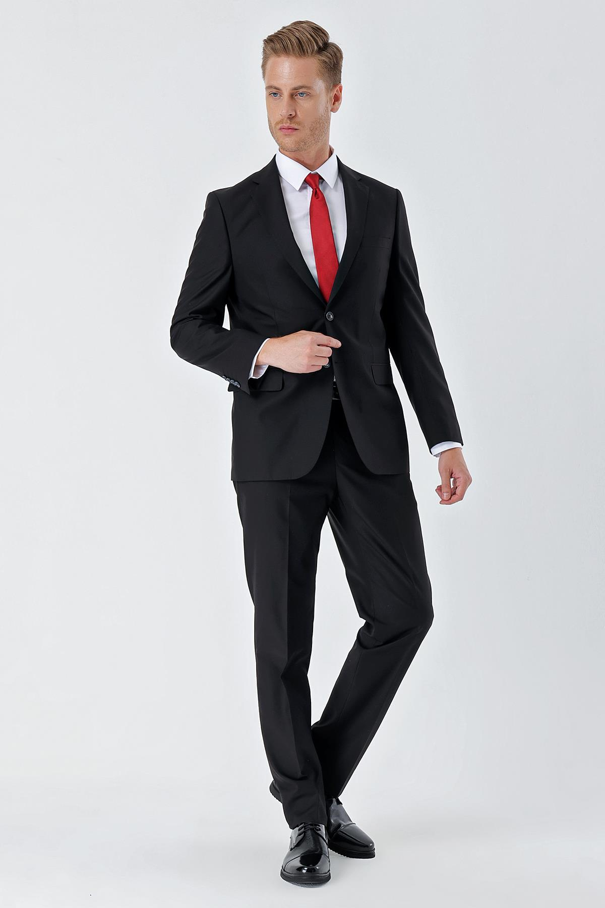 Siyah Mono Yaka 8 Drop Slim Fit Tam Astar Esnek Takım Elbise 1001240006