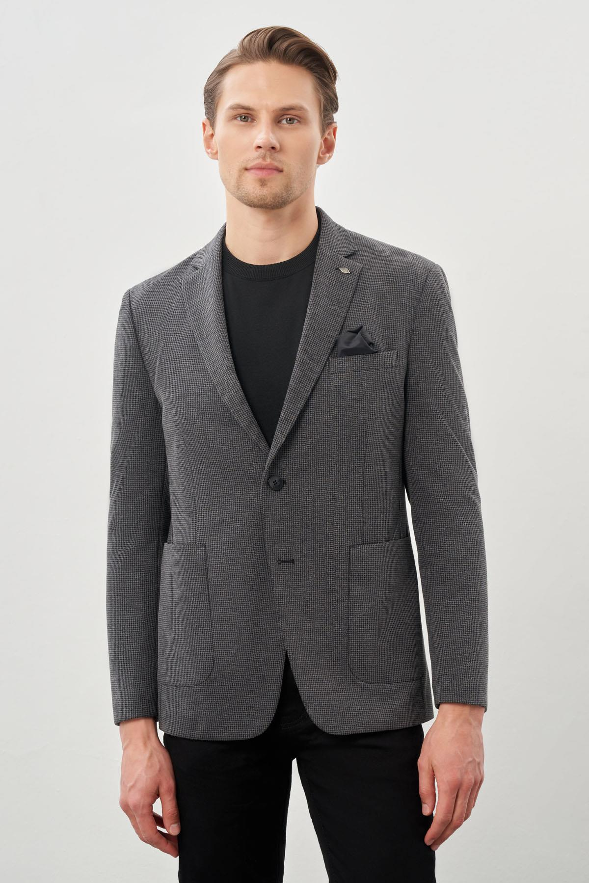 Siyah Kazayağı Desen Örme Mono Yaka 2 Düğme 6 Drop Slim Fit Classic Ceket 1002245166