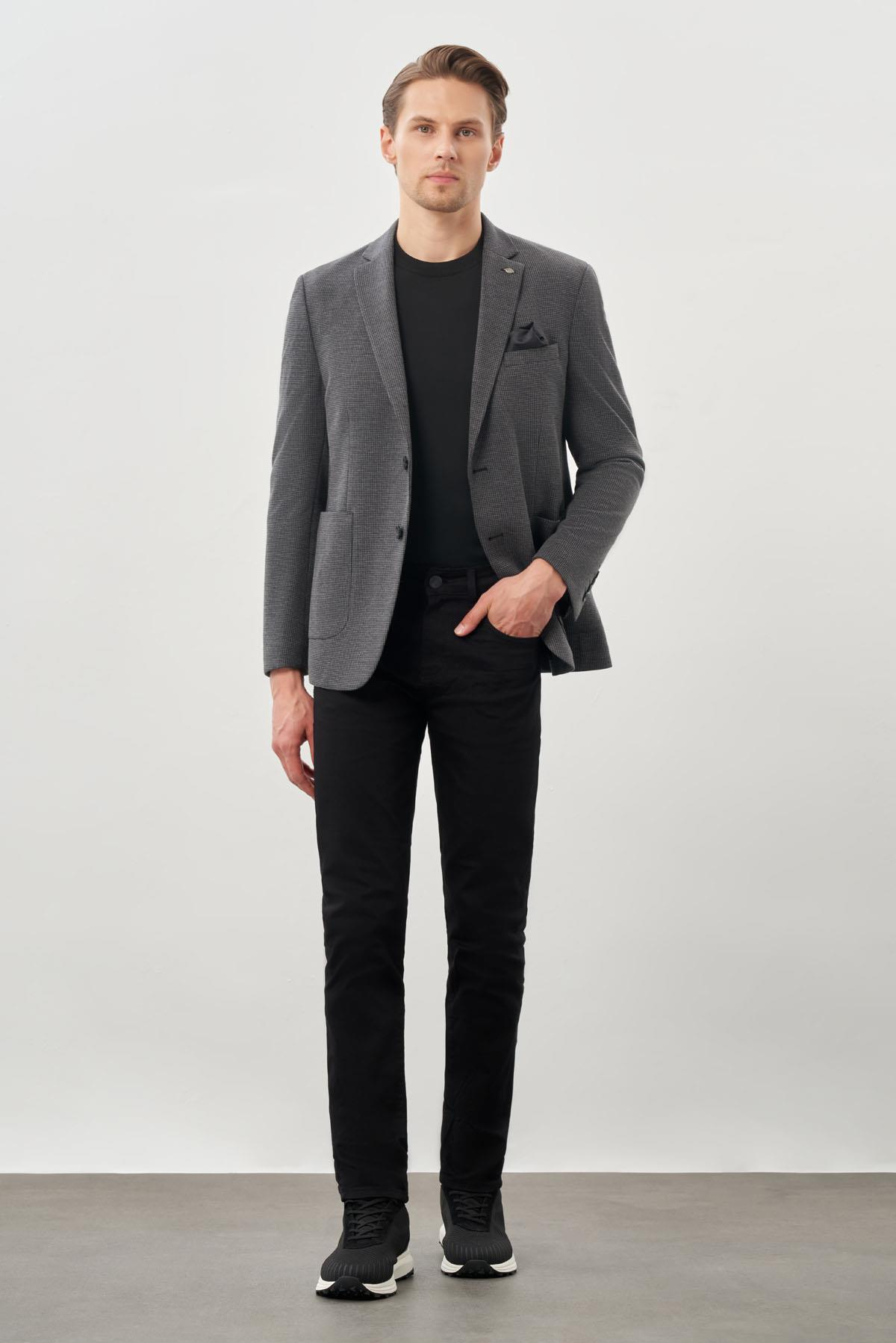 Siyah Kazayağı Desen Örme Mono Yaka 2 Düğme 6 Drop Slim Fit Classic Ceket 1002245166
