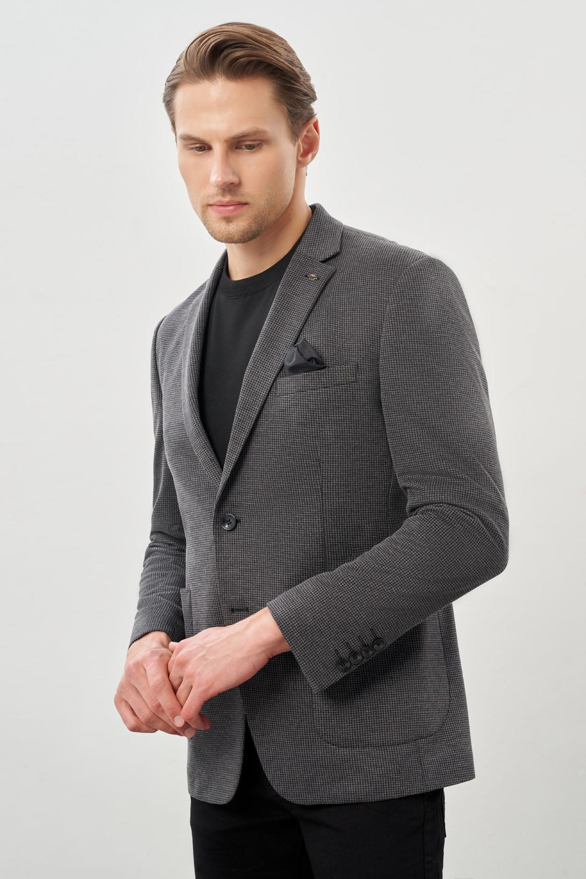 Siyah Kazayağı Desen Örme Mono Yaka 2 Düğme 6 Drop Slim Fit Classic Ceket 1002245166
