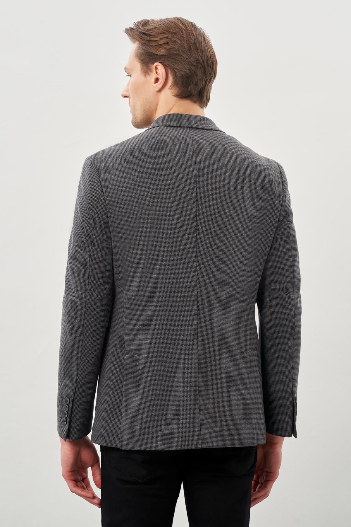 Siyah Kazayağı Desen Örme Mono Yaka 2 Düğme 6 Drop Slim Fit Classic Ceket 1002245166