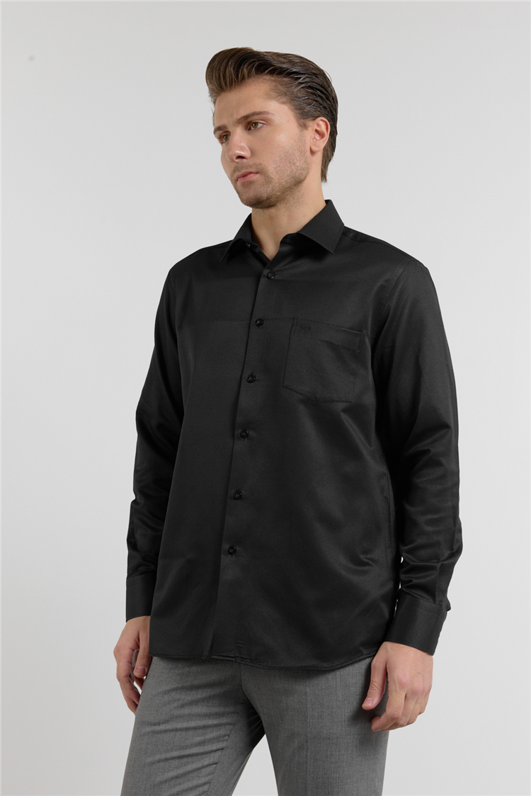 Siyah Dokulu Sert Yaka Uzun Kol Cepli Comfort Fit Pamuklu Gömlek 1004255269