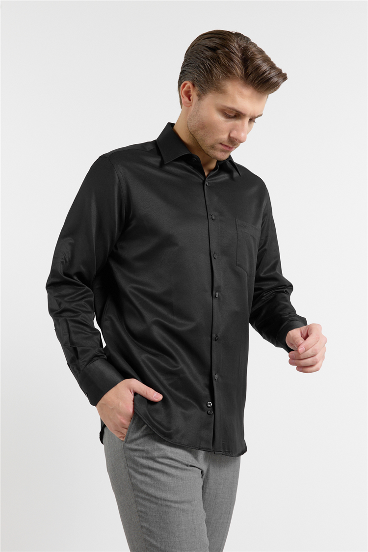Siyah Dokulu Sert Yaka Uzun Kol Cepli Comfort Fit Pamuklu Gömlek 1004255269