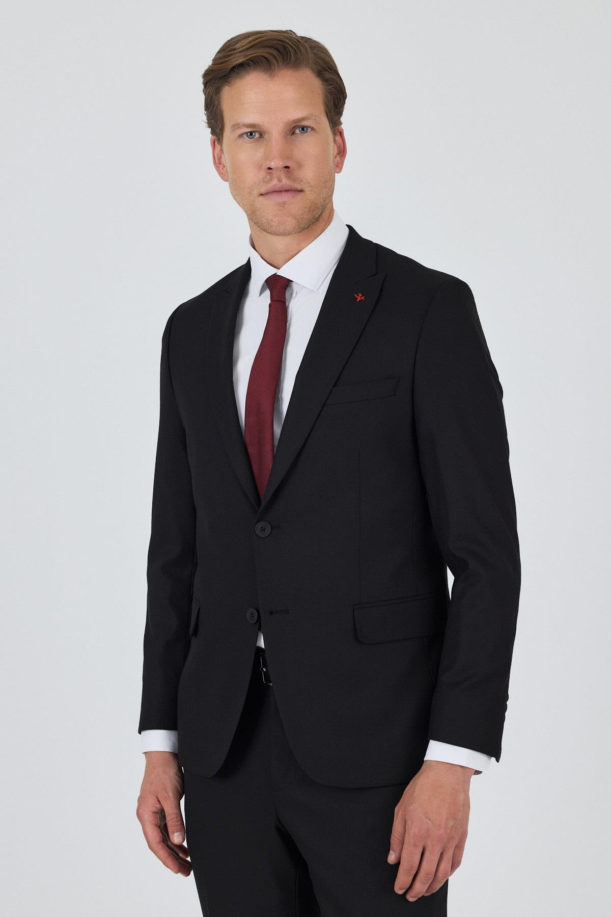 Siyah Kırlangıç Yaka 6 Drop Slim Fit Tam Astar Esnek Takım Elbise 1001250162