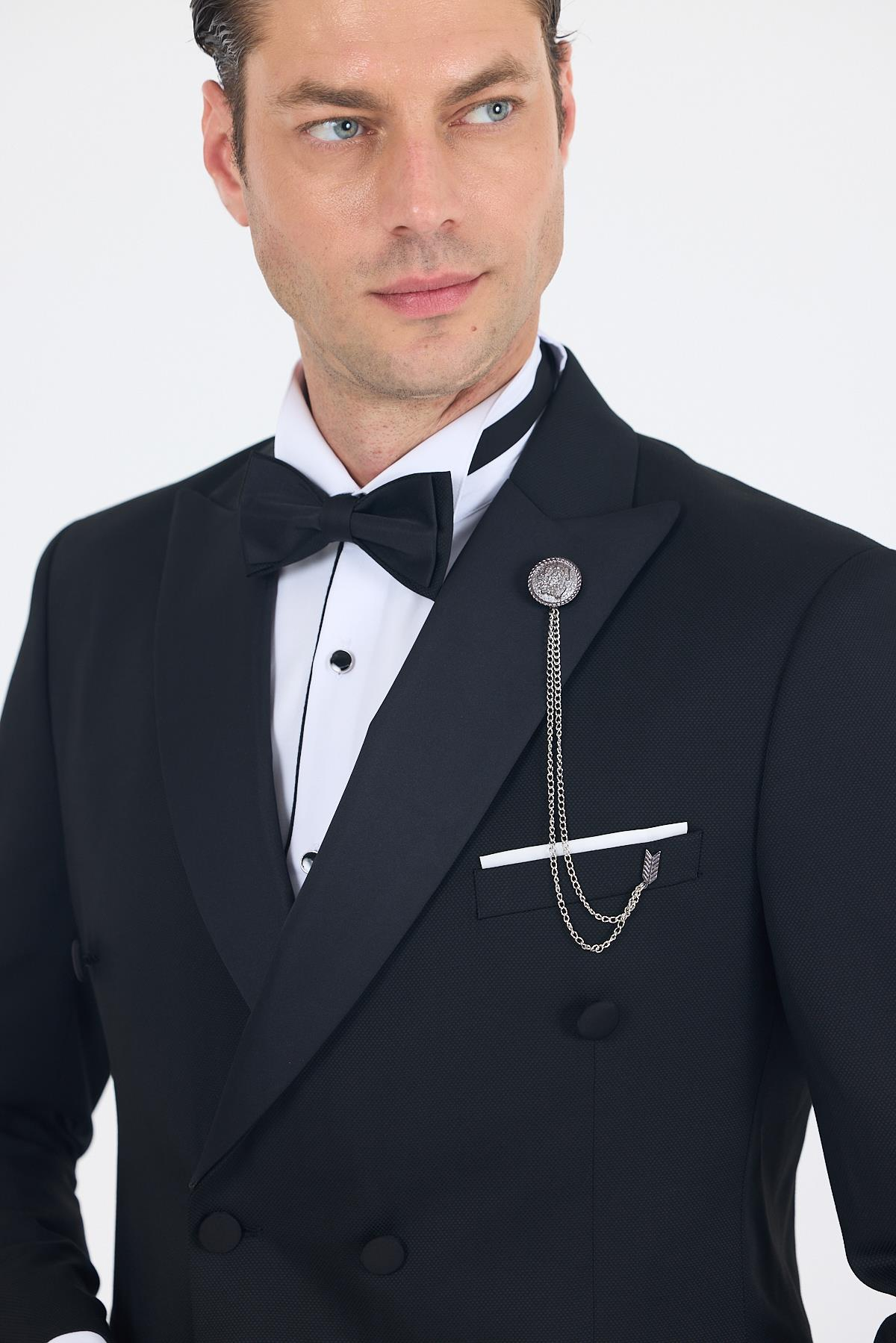 Siyah Kılıç Yaka Kruvaze Slim Fit Ceremony Takım Elbise 1001250203
