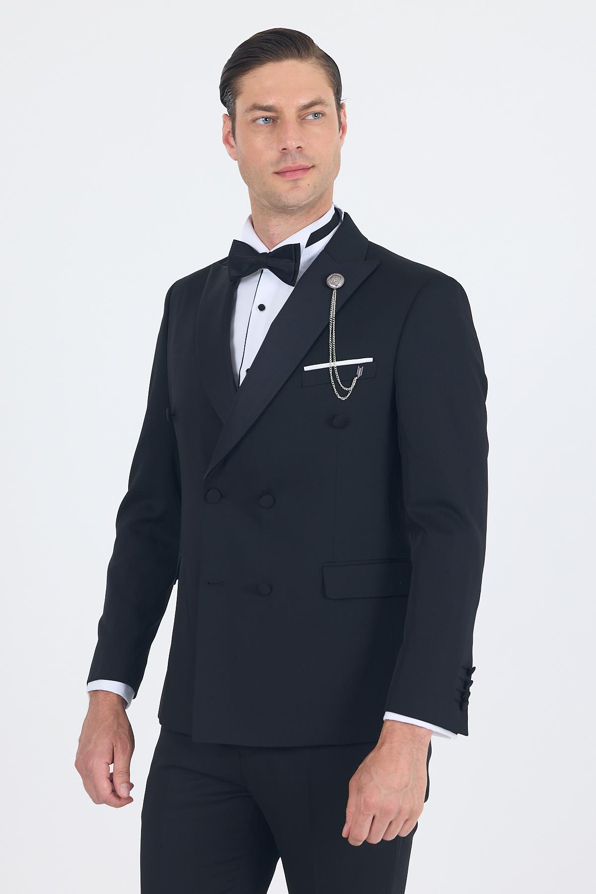 Siyah Kılıç Yaka Kruvaze Slim Fit Ceremony Takım Elbise 1001250203
