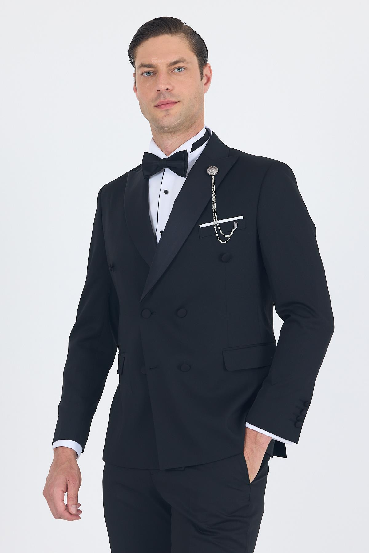 Siyah Kılıç Yaka Kruvaze Slim Fit Ceremony Takım Elbise 1001250203