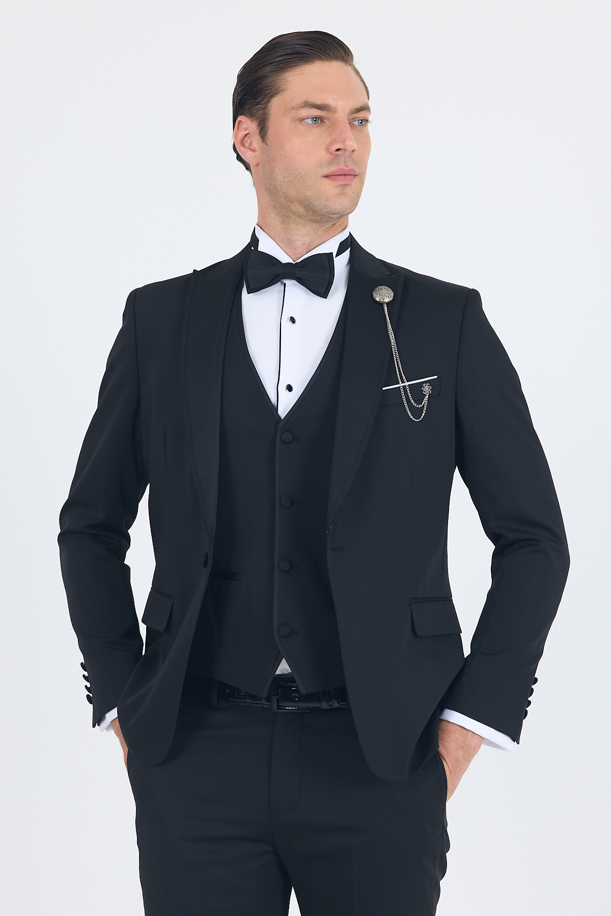 Siyah Kılıç Yaka Tek Düğme Slim Fit Yelekli Ceremony Takım Elbise 1001250200