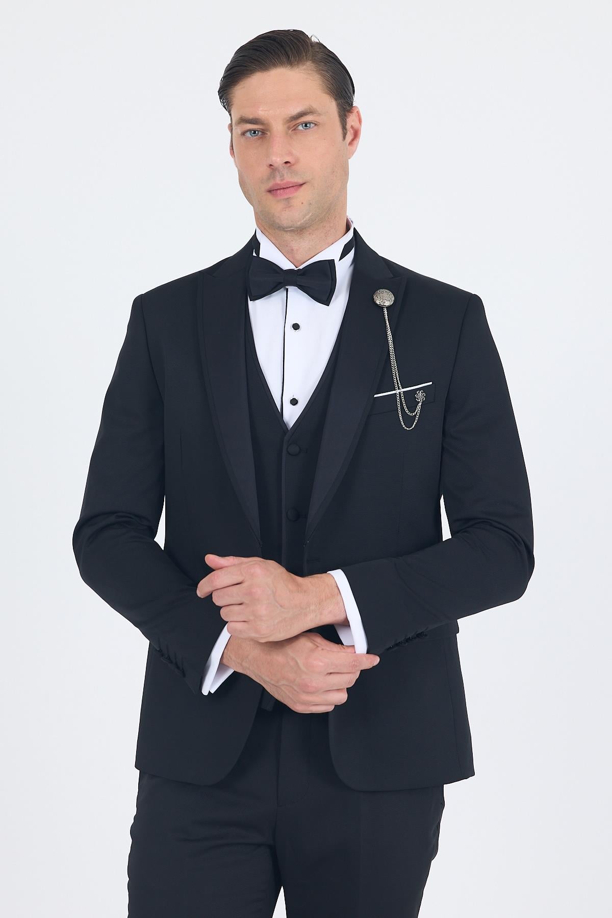 Siyah Kılıç Yaka Tek Düğme Slim Fit Yelekli Ceremony Takım Elbise 1001250200