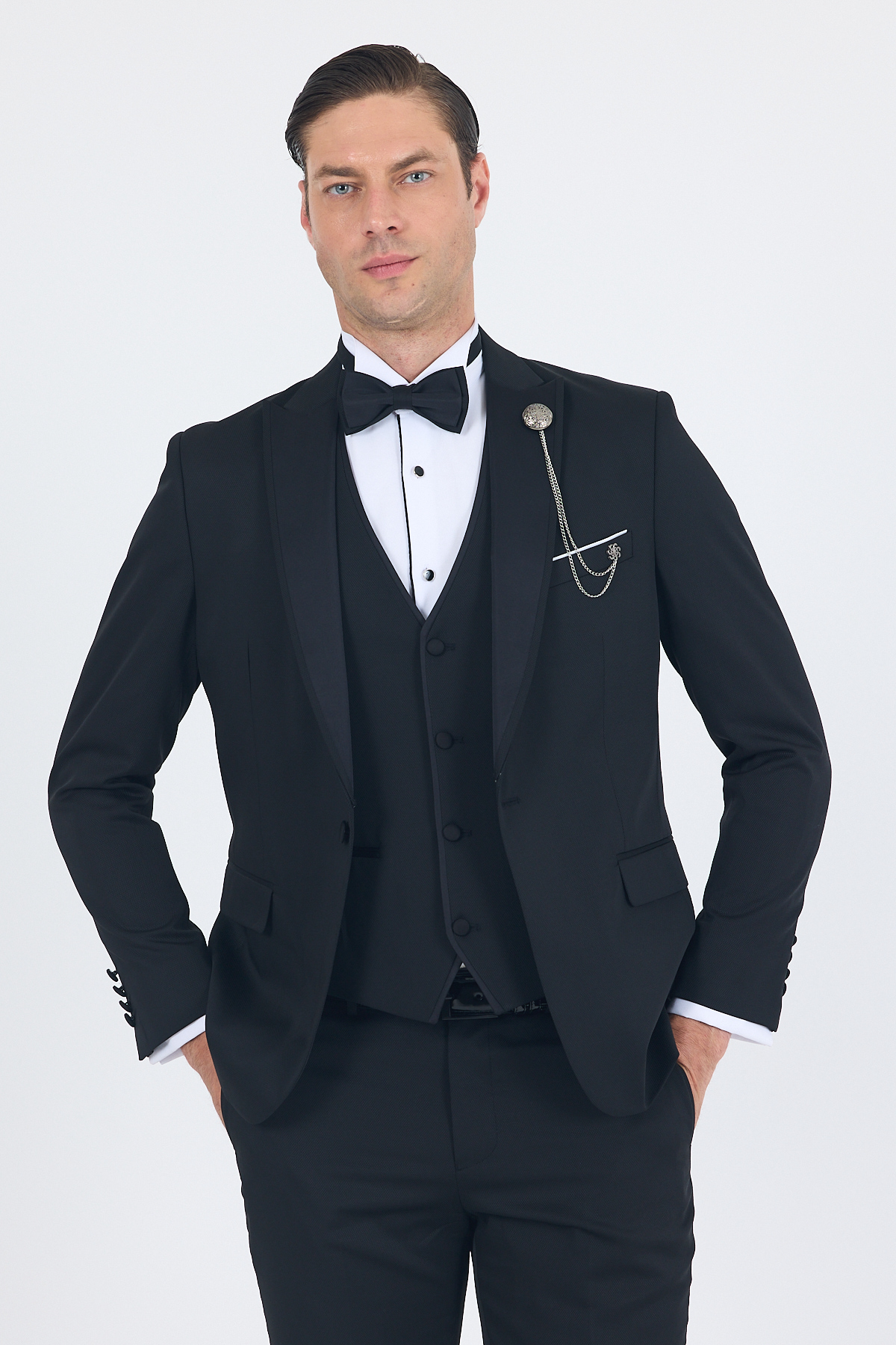 Siyah Kılıç Yaka Tek Düğme Slim Fit Yelekli Ceremony Takım Elbise 1001250200