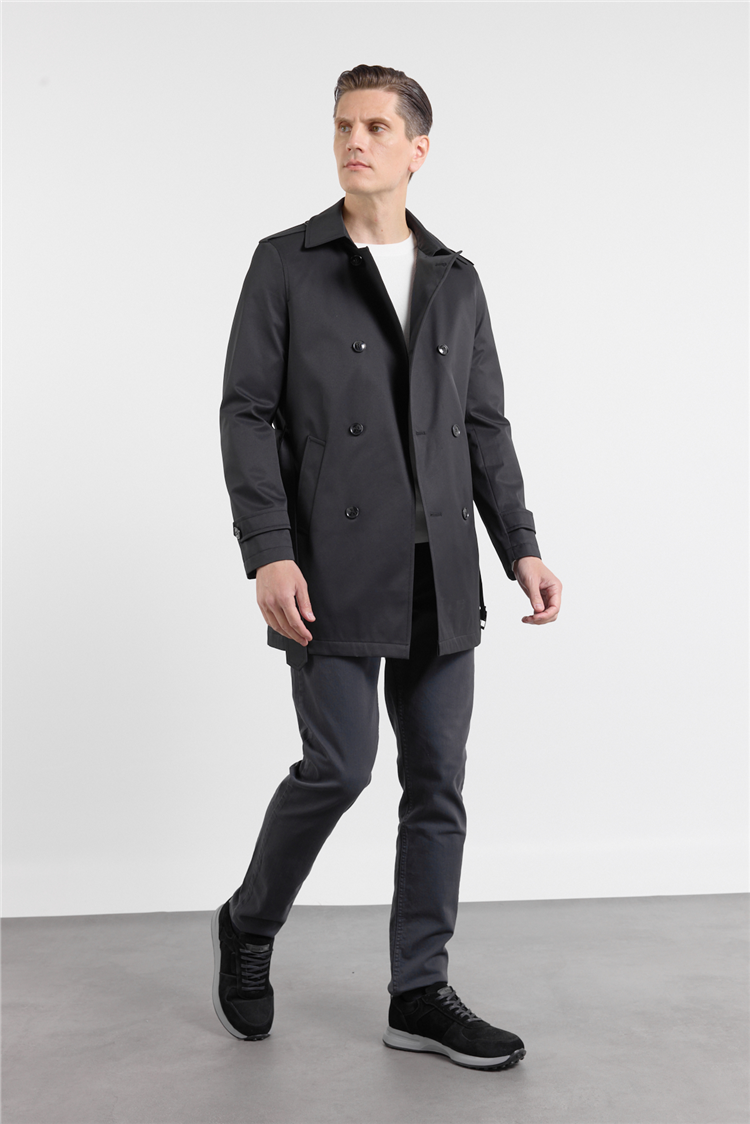 Siyah Mono Yaka Düz Classic Comfort Fit Trençkot 1006260150