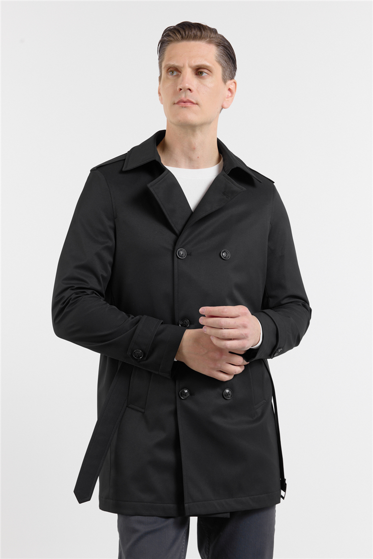 Siyah Mono Yaka Düz Classic Comfort Fit Trençkot 1006260150