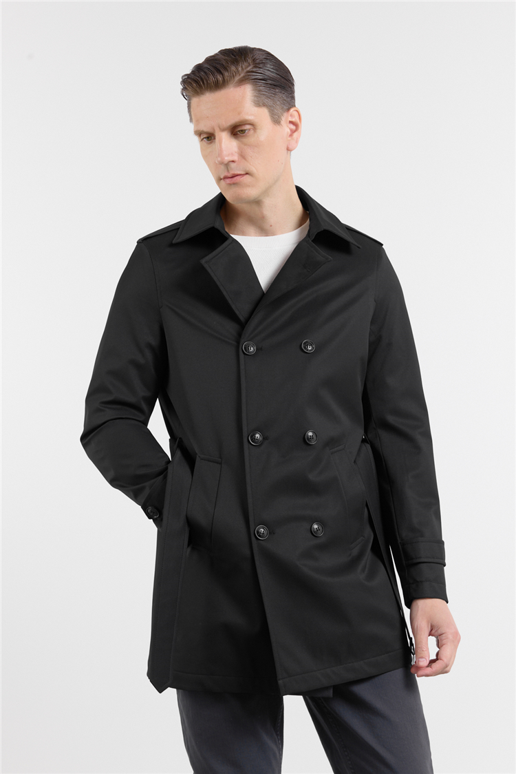 Siyah Mono Yaka Düz Classic Comfort Fit Trençkot 1006260150