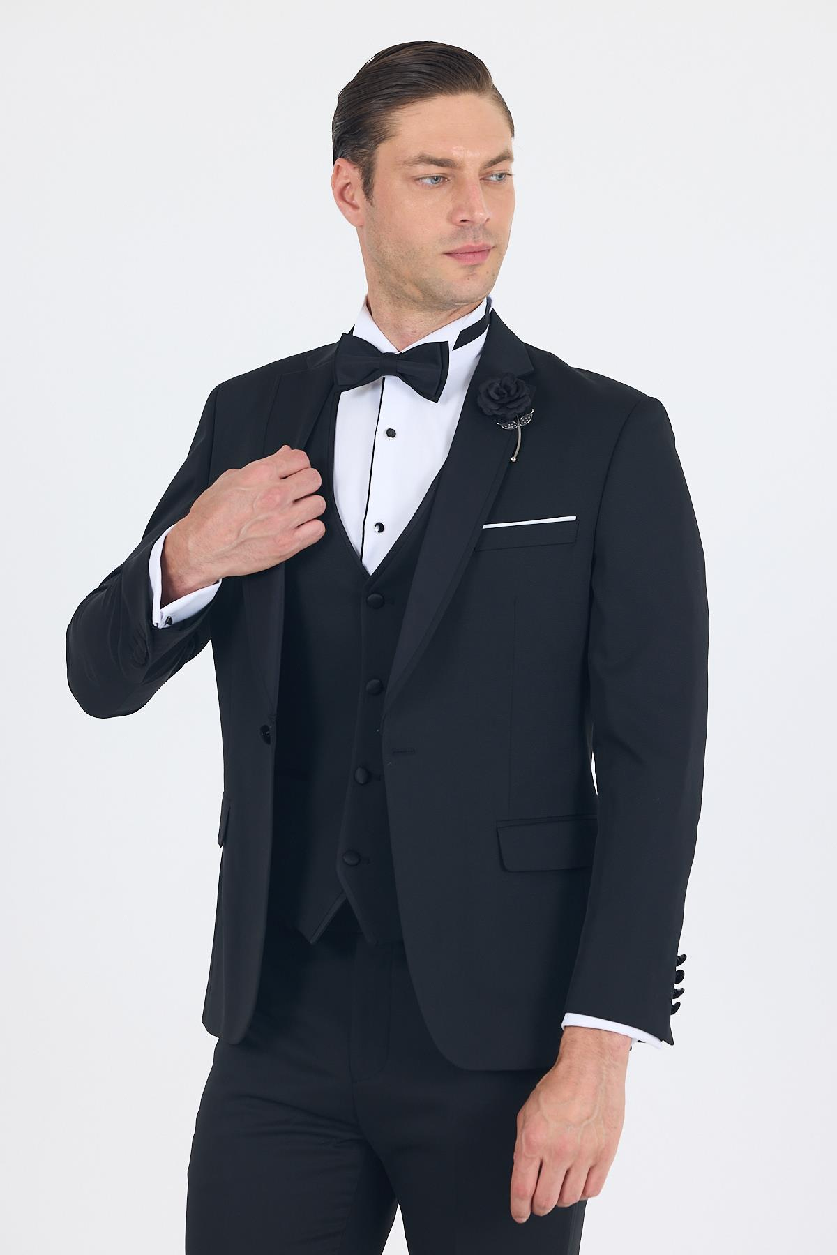 Siyah Mono Yaka Tek Düğme Slim Fit Yelekli Ceremony Takım Elbise 1001250201