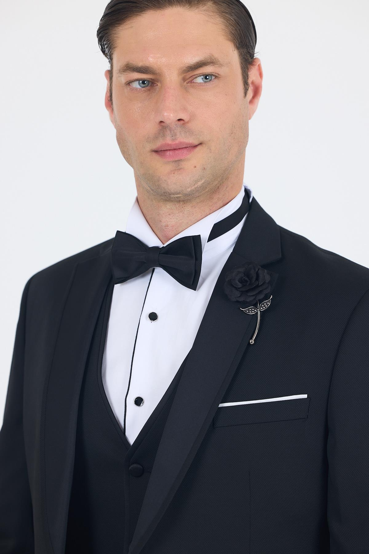 Siyah Mono Yaka Tek Düğme Slim Fit Yelekli Ceremony Takım Elbise 1001250201