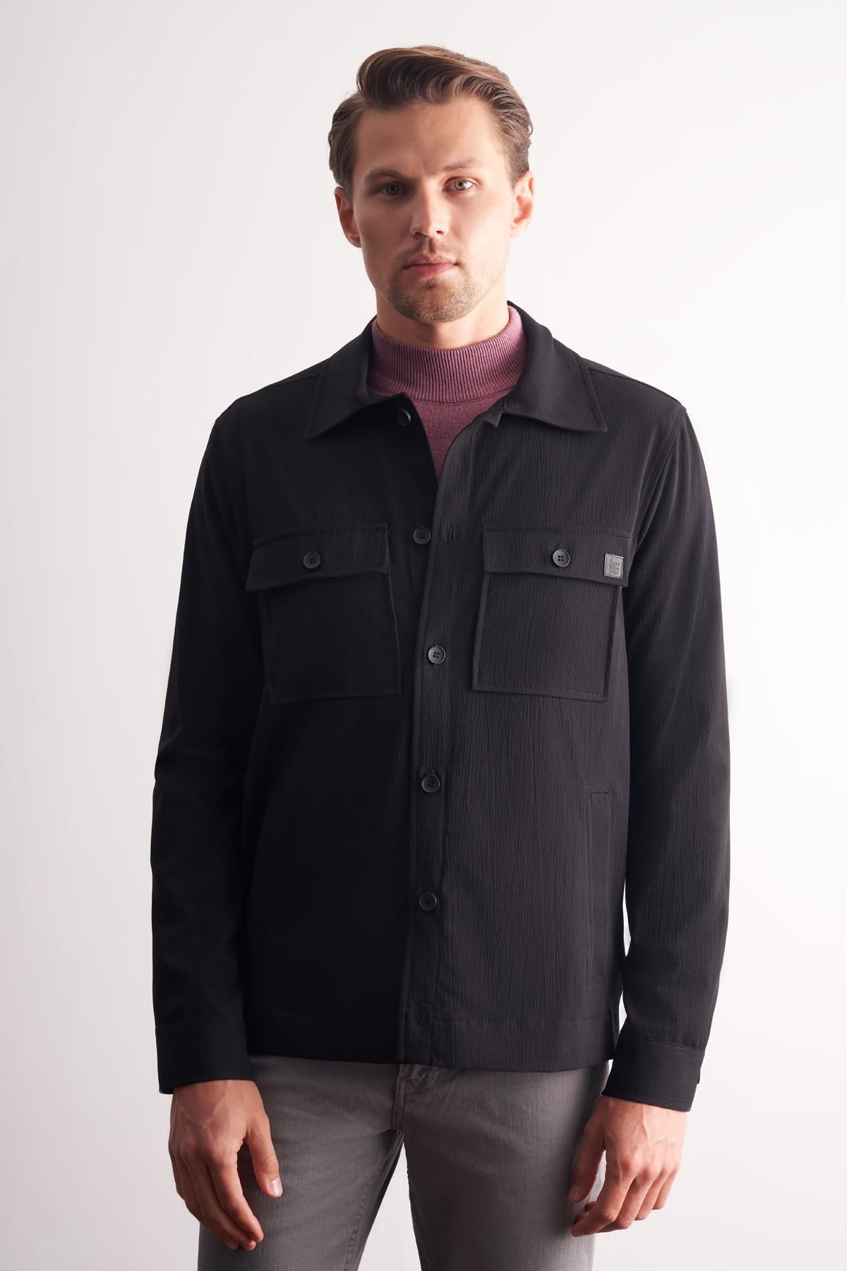 Siyah Polo Yaka Düz Yırtmaçsız Esnek Casual Mont 1007255150
