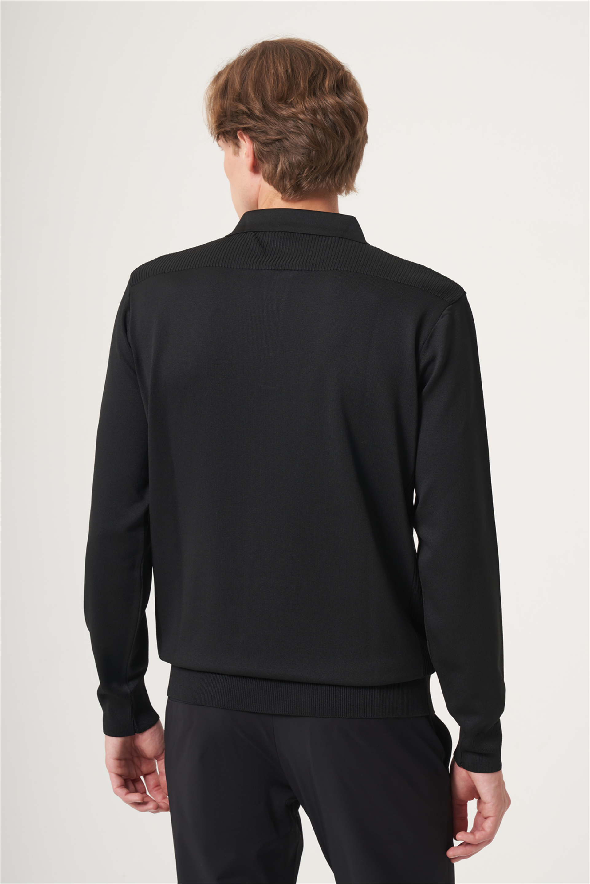 Siyah Polo Yaka Uzun Kol Örme Comfort Fit Pamuklu Kazak 1012265159