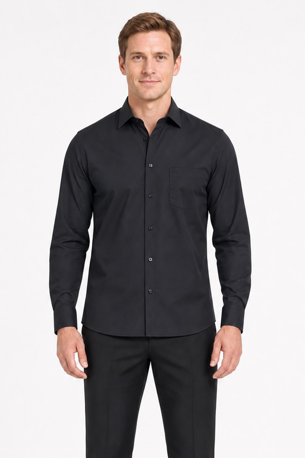 Siyah Sert Yaka Uzun Kol Comfort Fit Pamuklu Gömlek 1004255051