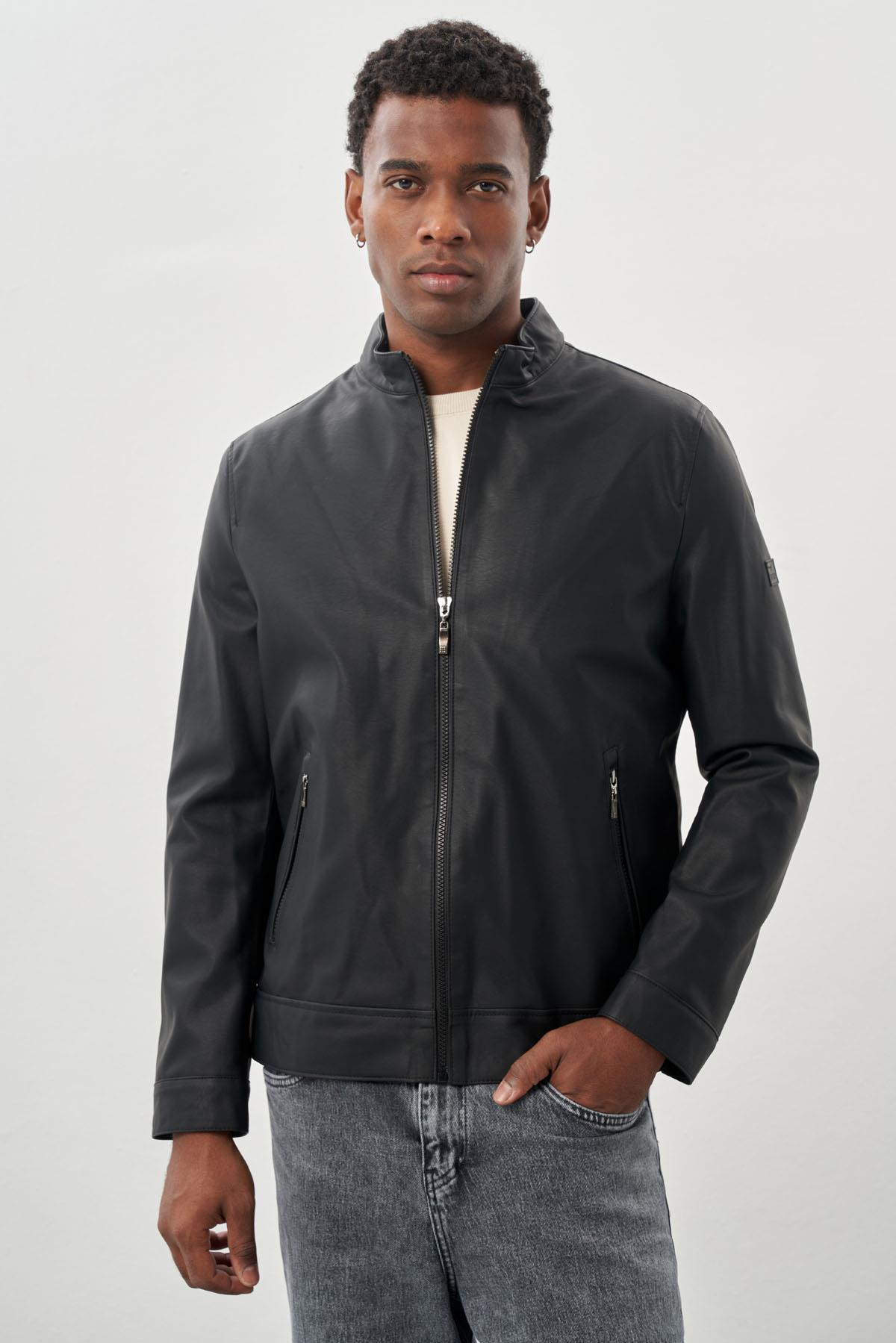 Siyah Suni Deri Hakim Yaka Düz Yırtmaçsız Tam Astar Slim Fit Casual Deri Mont 1038245152