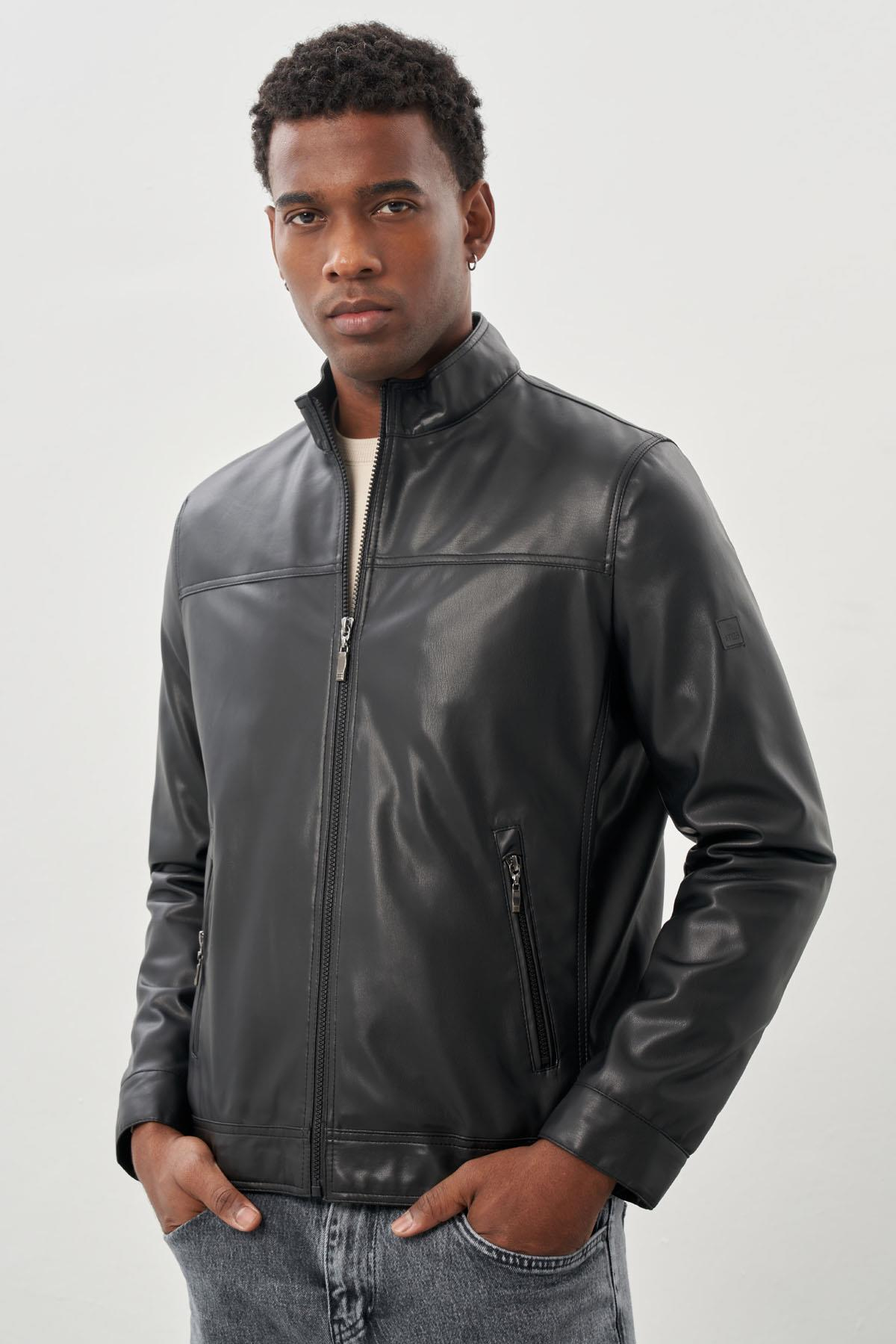 Siyah Suni Deri Hakim Yaka Düz Yırtmaçsız Tam Astar Slim Fit Casual Deri Mont 1038245151