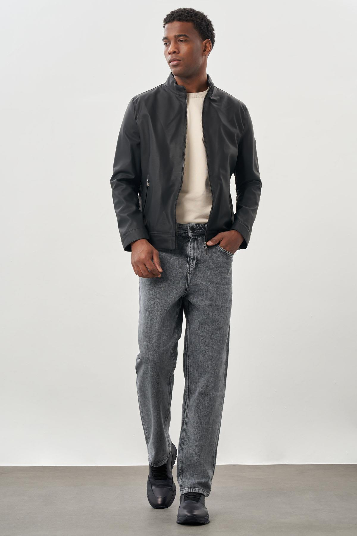 Siyah Suni Deri Hakim Yaka Düz Yırtmaçsız Tam Astar Slim Fit Casual Deri Mont 1038245152