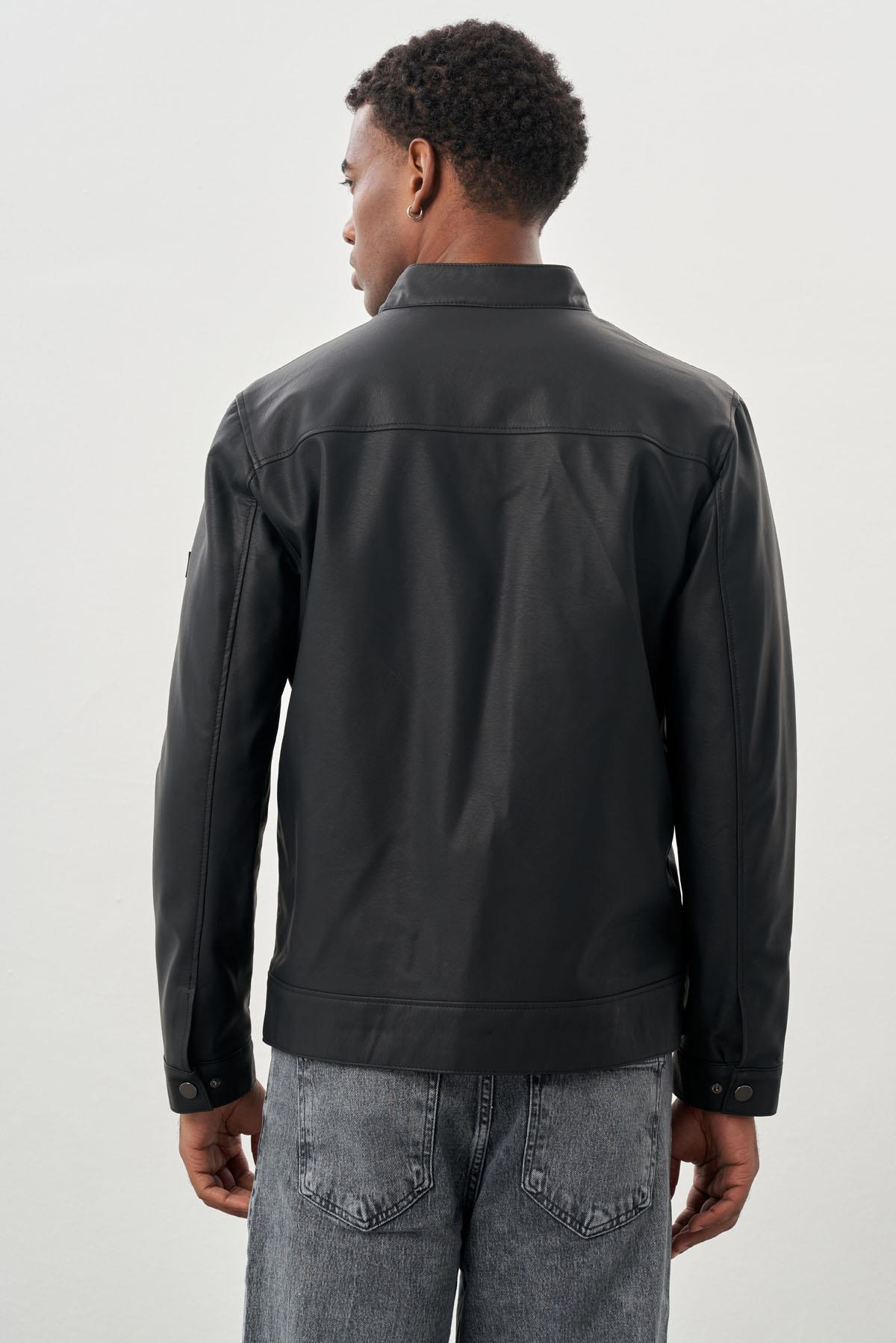 Siyah Suni Deri Hakim Yaka Düz Yırtmaçsız Tam Astar Slim Fit Casual Deri Mont 1038245152