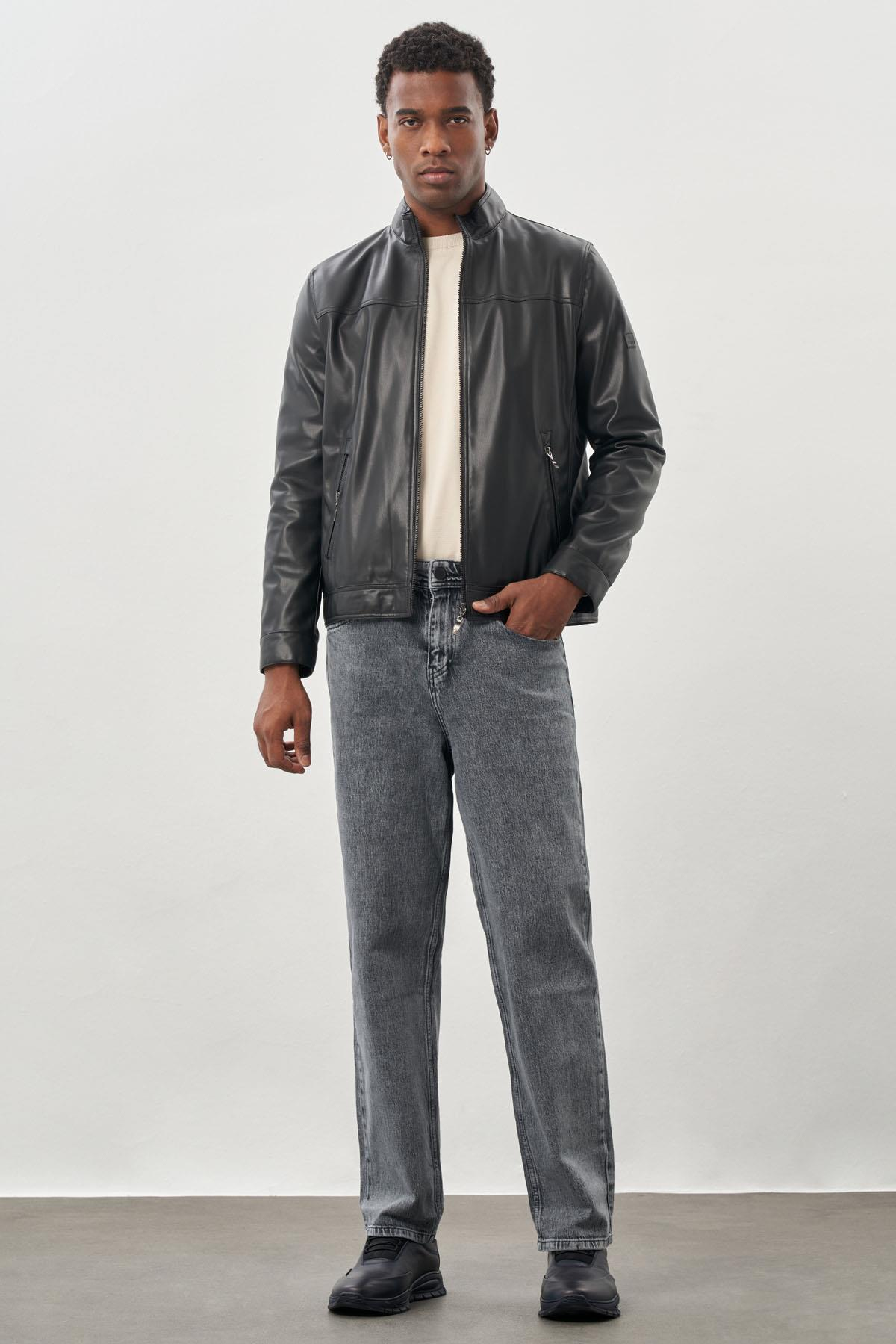 Siyah Suni Deri Hakim Yaka Düz Yırtmaçsız Tam Astar Slim Fit Casual Deri Mont 1038245151