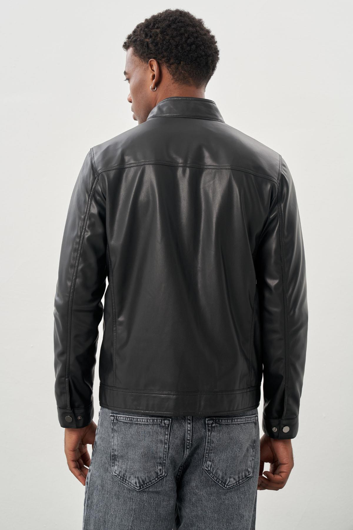 Siyah Suni Deri Hakim Yaka Düz Yırtmaçsız Tam Astar Slim Fit Casual Deri Mont 1038245151