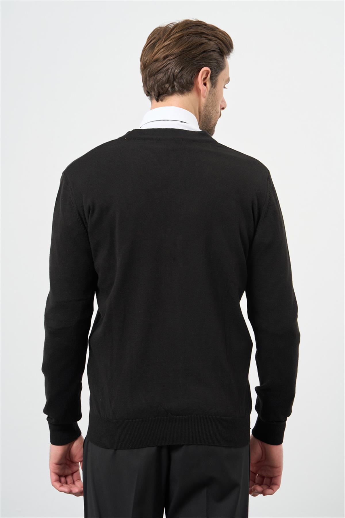 Siyah Uzun Kol Düz Örme V Yaka Classic Comfort Fit Triko Hırka 1012245016