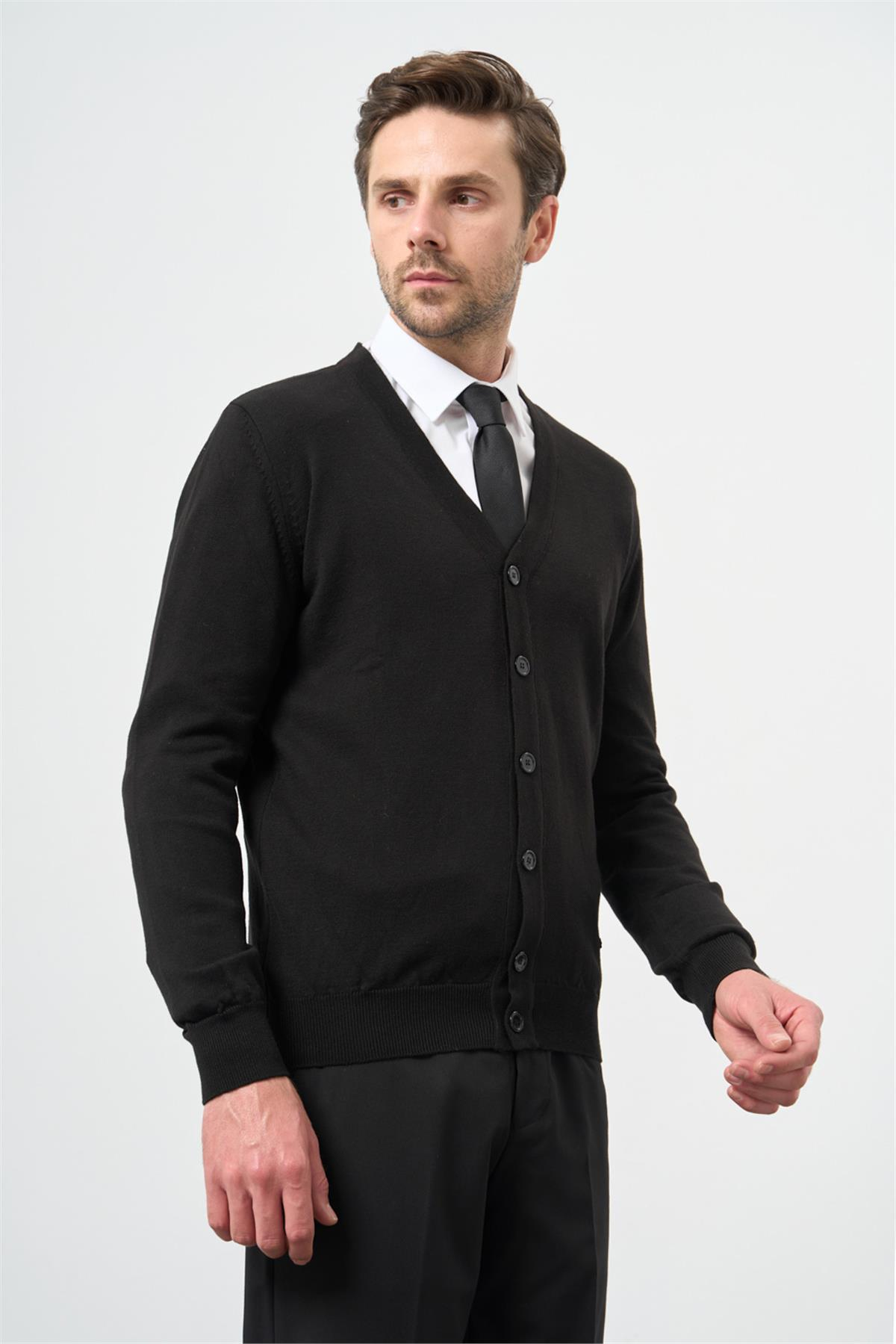 Siyah Uzun Kol Düz Örme V Yaka Classic Comfort Fit Triko Hırka 1012245016