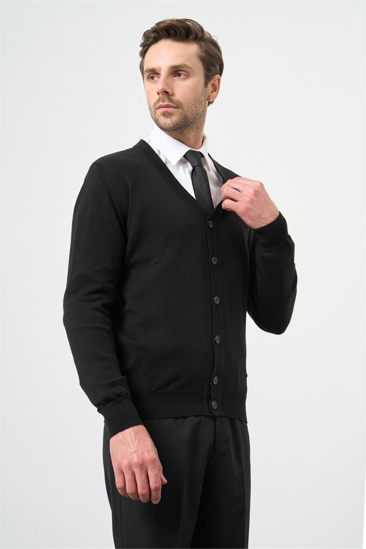 Siyah Uzun Kol Düz Örme V Yaka Classic Comfort Fit Triko Hırka 1012245016