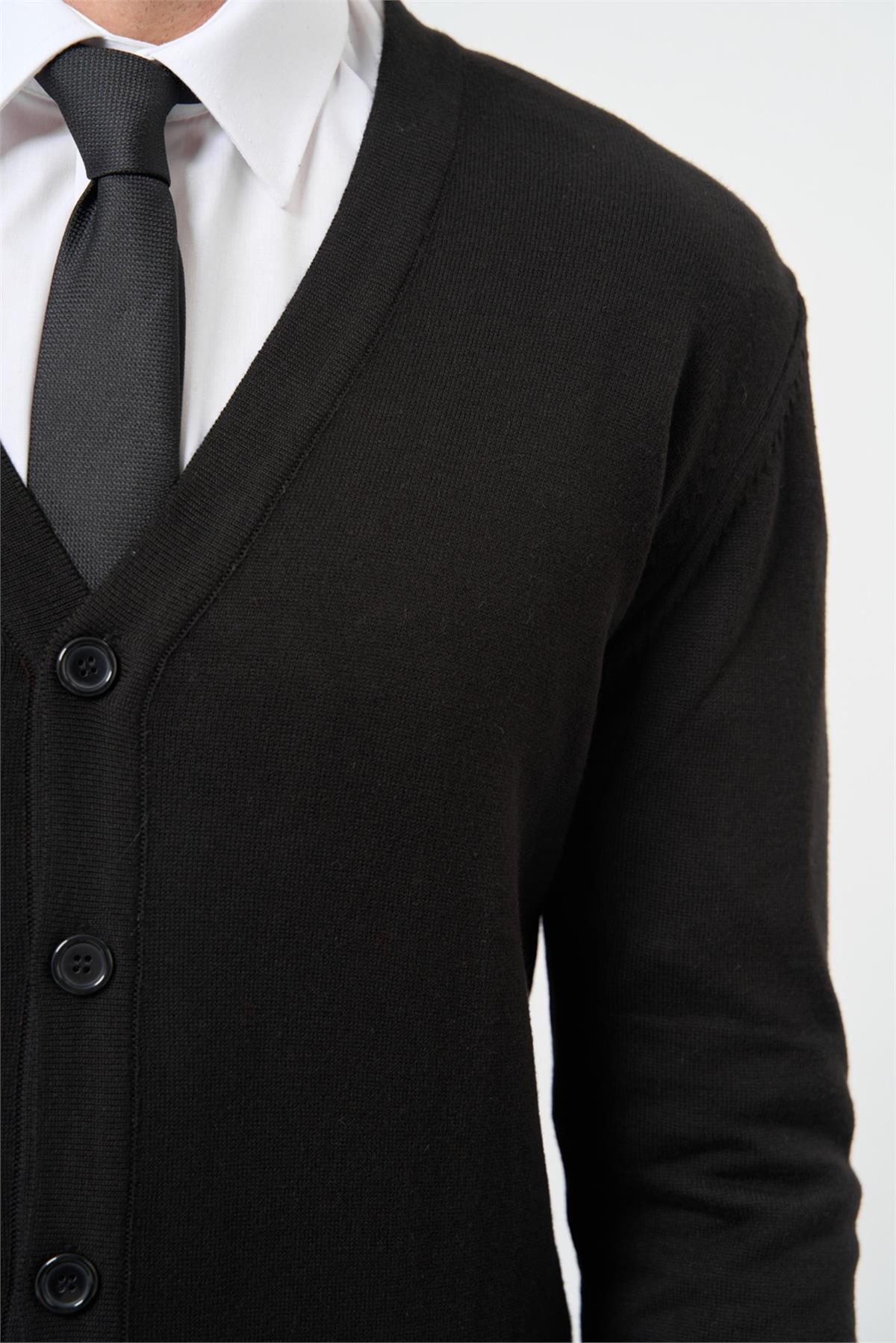 Siyah Uzun Kol Düz Örme V Yaka Classic Comfort Fit Triko Hırka 1012245016
