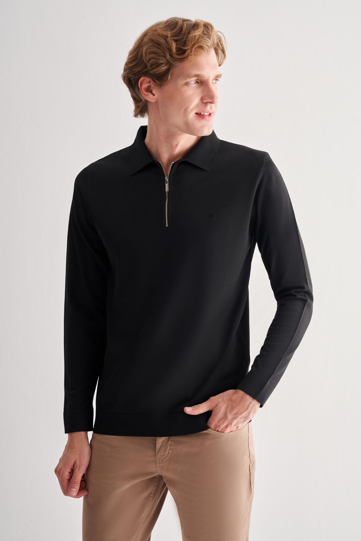 Siyah Uzun Kol Fermuarlı Yaka Cepsiz  Slim Fit  Triko 1012255150